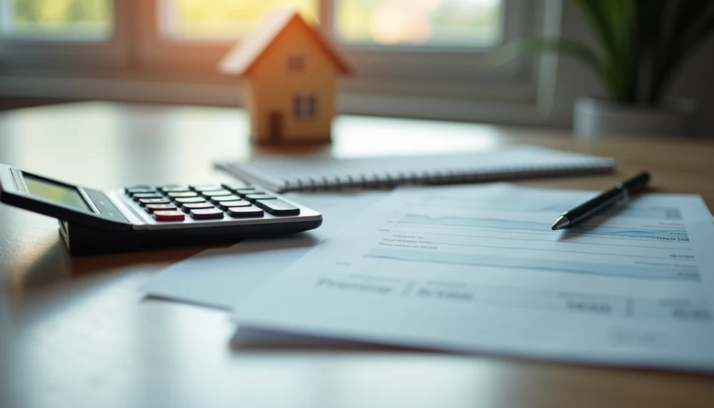 High angle view of a calculator, house model, and financial documents on a desk