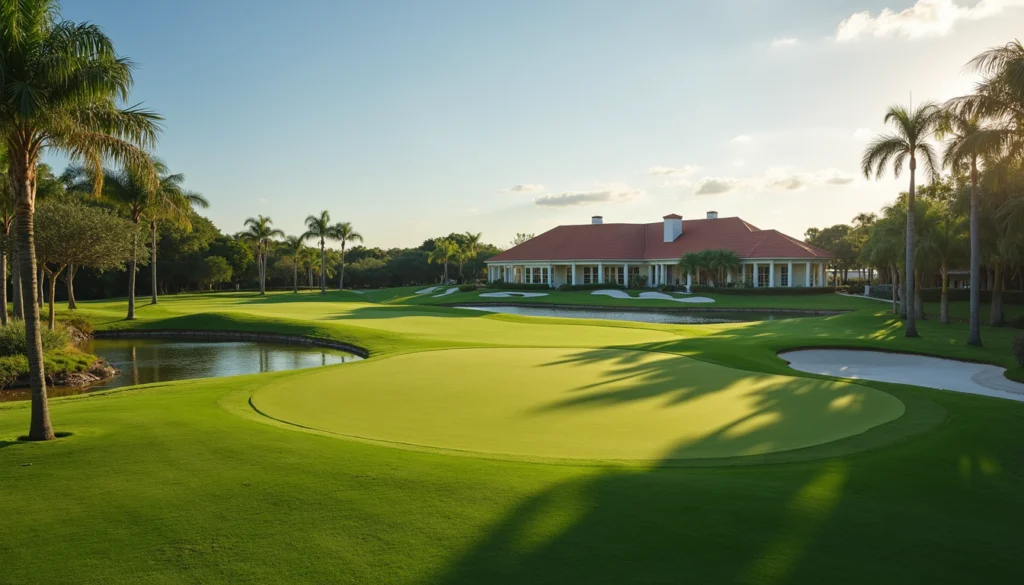 High angle view of a golf course and clubhouse at Naples Bay Club