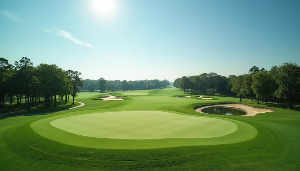 High angle view of a golf course with green fairways and blue sky