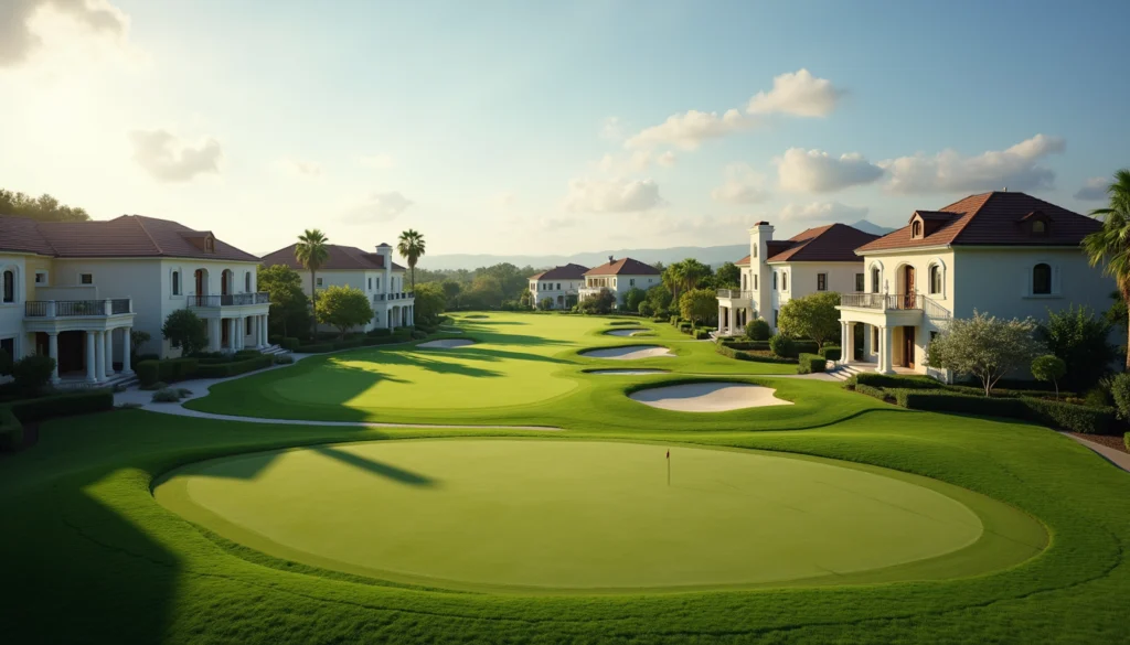 High angle view of a luxury golf course community with elegant homes and green fairways