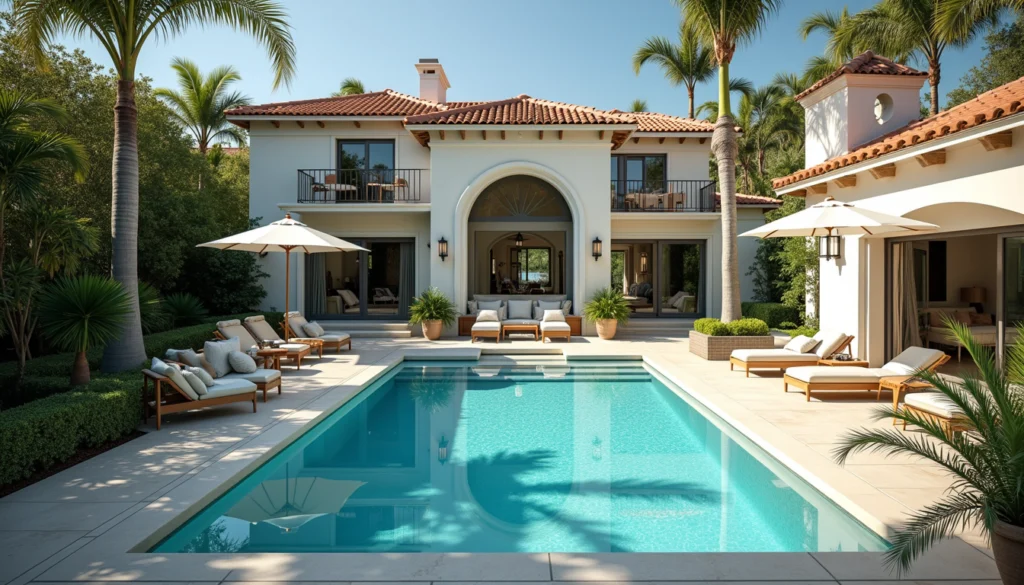 High angle view of a luxury pool and patio area in a Naples vacation home