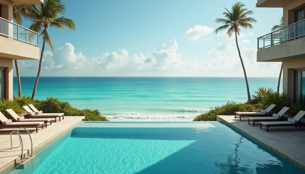 High angle view of a luxury pool area overlooking the Gulf of Mexico