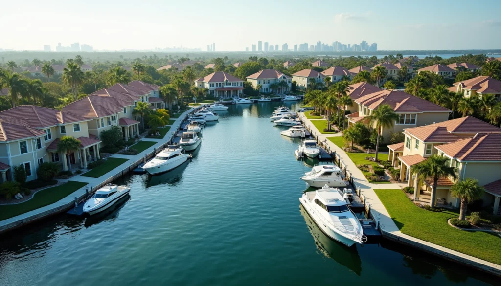 High angle view of a luxury waterfront community with boats docked along the canal