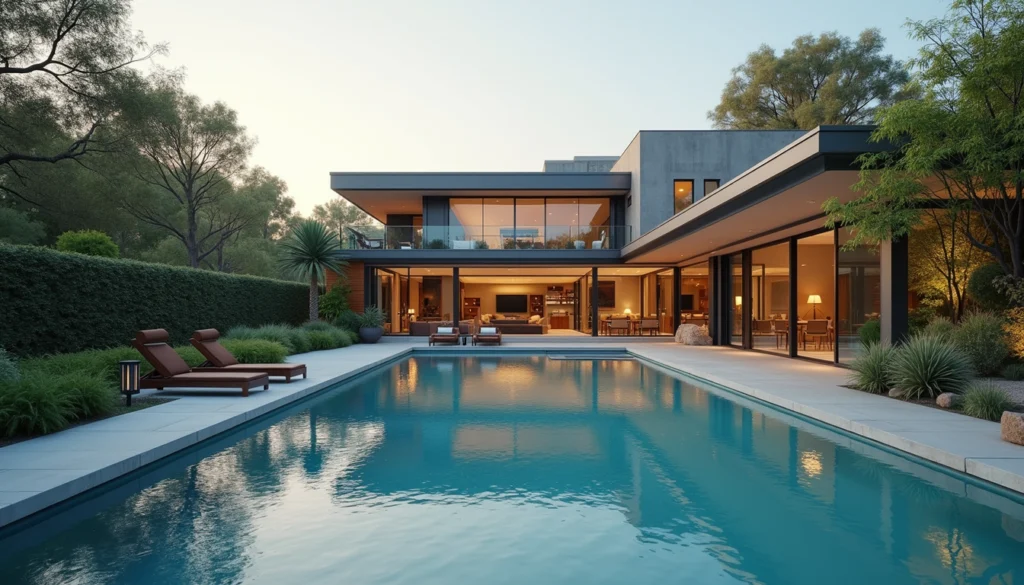 High angle view of a modern home with a swimming pool and landscaped yard