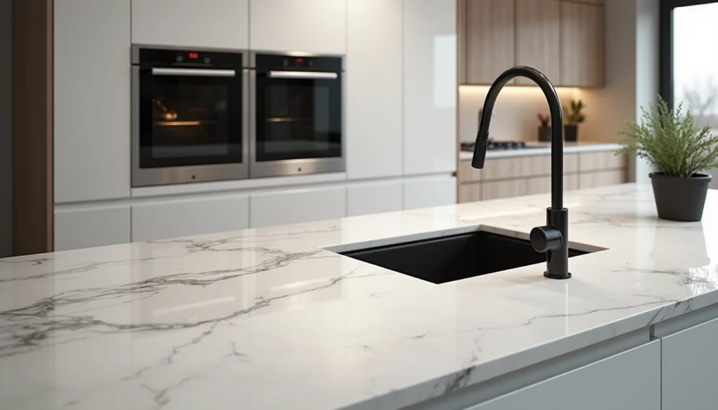 High angle view of a modern kitchen with marble countertops and smart appliances
