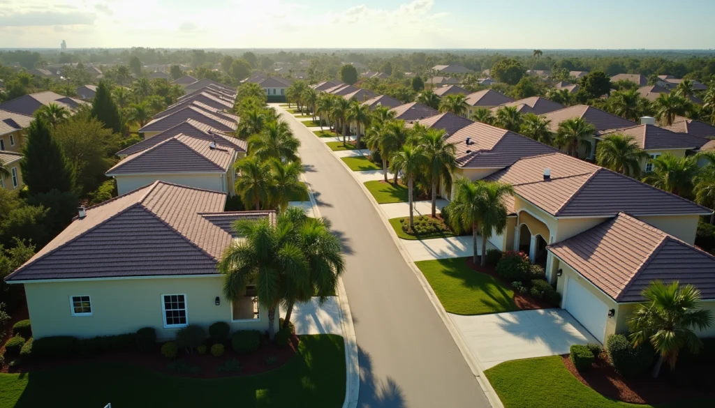 High angle view of a Naples neighborhood with homes and greenery