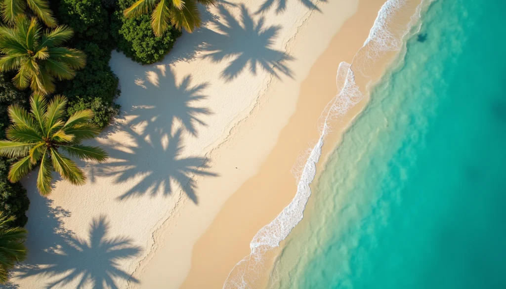 High angle view of a sandy beach with turquoise water and palm trees