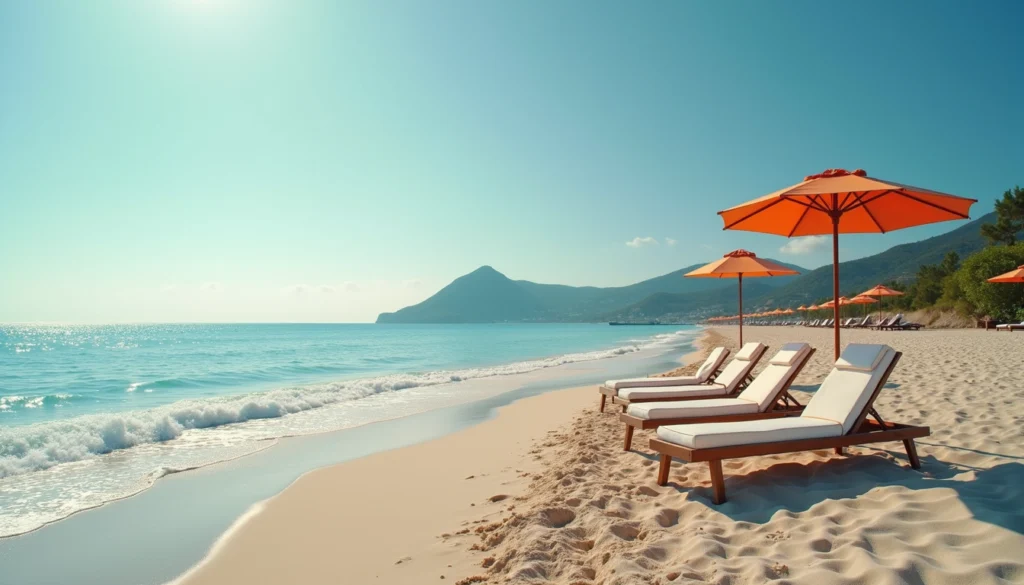 High angle view of lounge chairs on beach