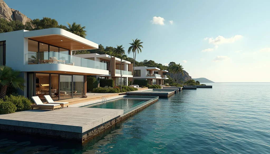 High angle view of luxurious waterfront homes