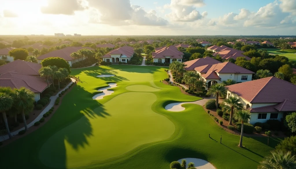 High angle view of Naples luxury golf course community with homes