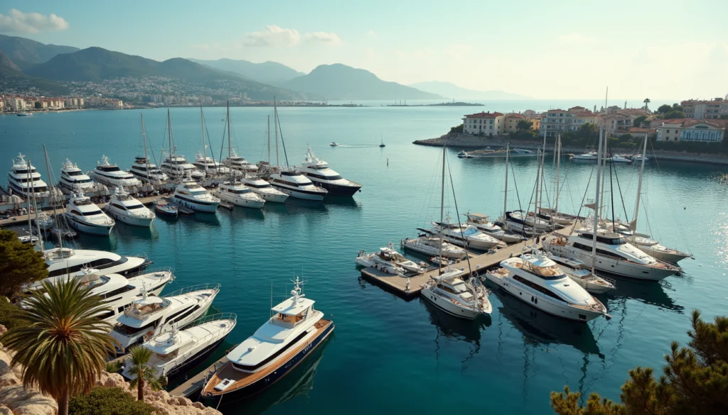 High angle view of Naples marina with luxury yachts docked