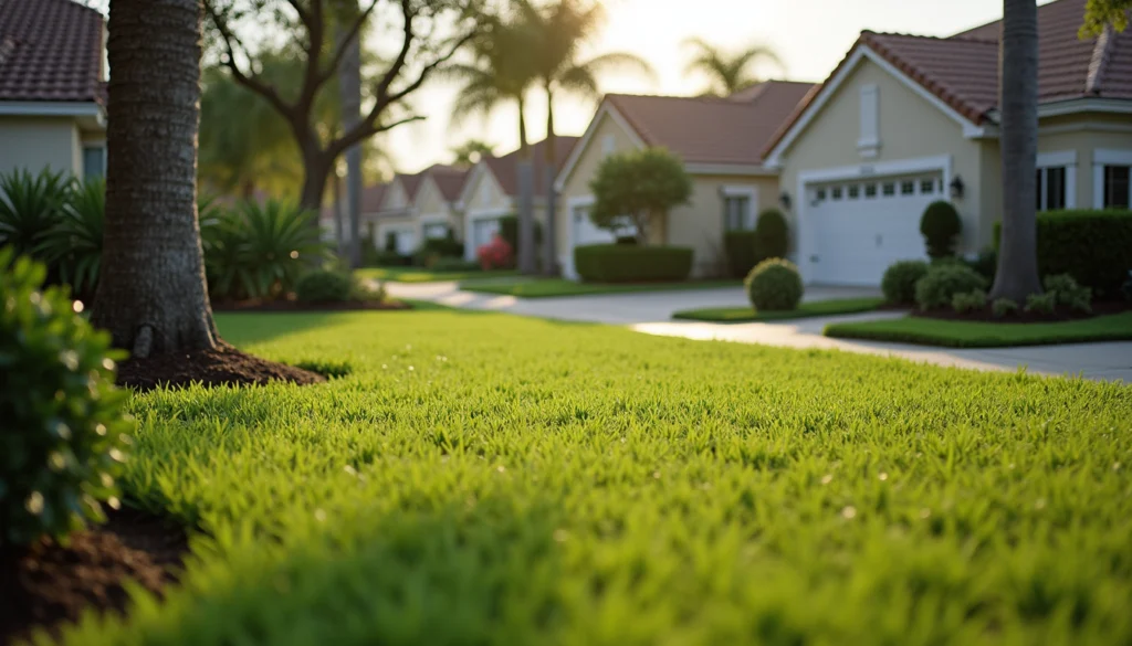 High angle view of suburban neighborhood with green lawns in Naples