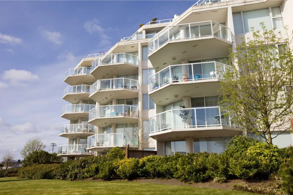 High-rise condominium building with balconies
