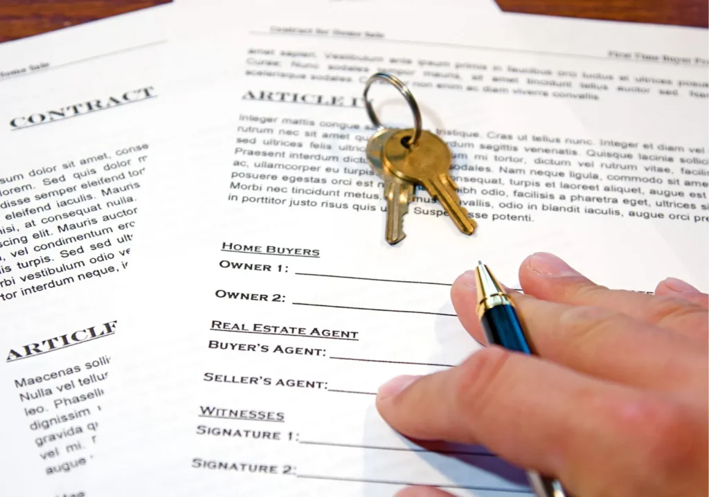 Home buying contract with set of keys and a person's hand holding pen