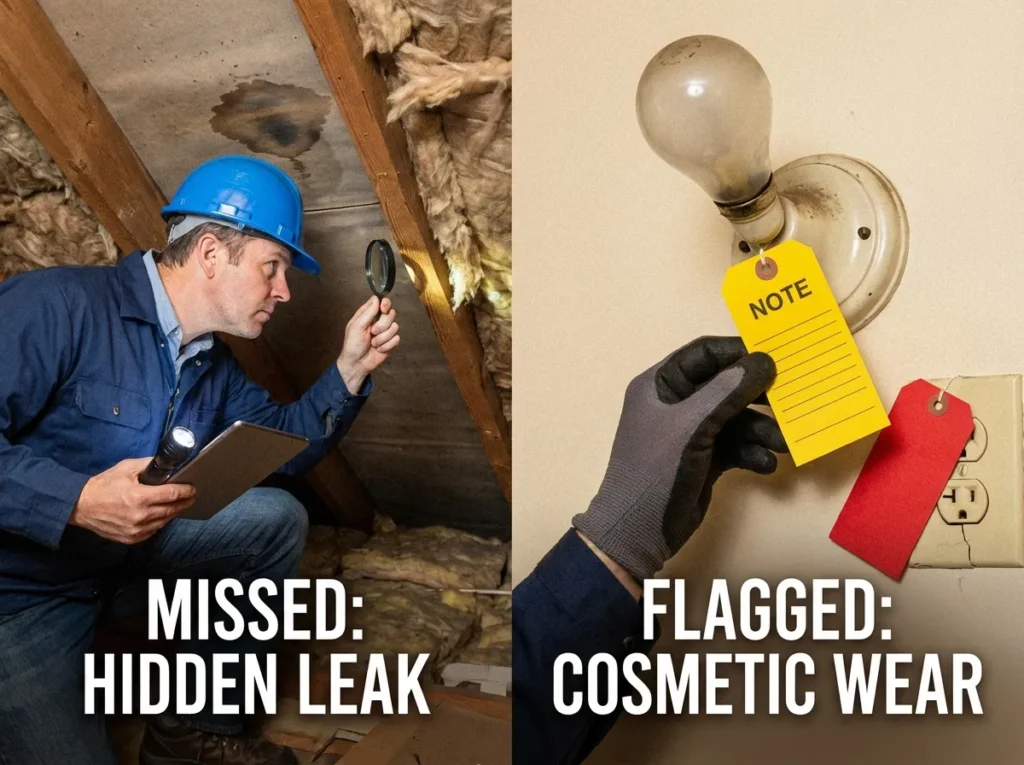 Home inspector finding a hidden leak beside a flagged cosmetic issue