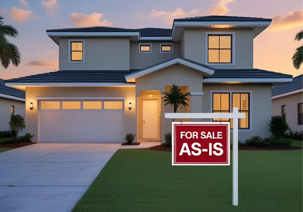Home with a for sale as-is sign out front