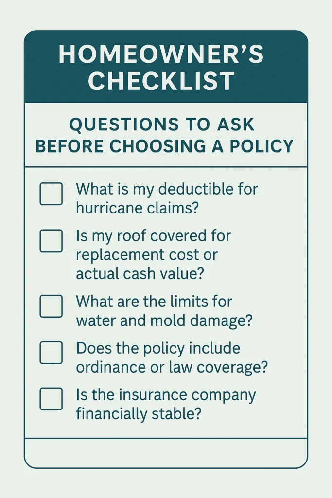 Homeowner's checklist of questions to ask before choosing a Florida insurance policy