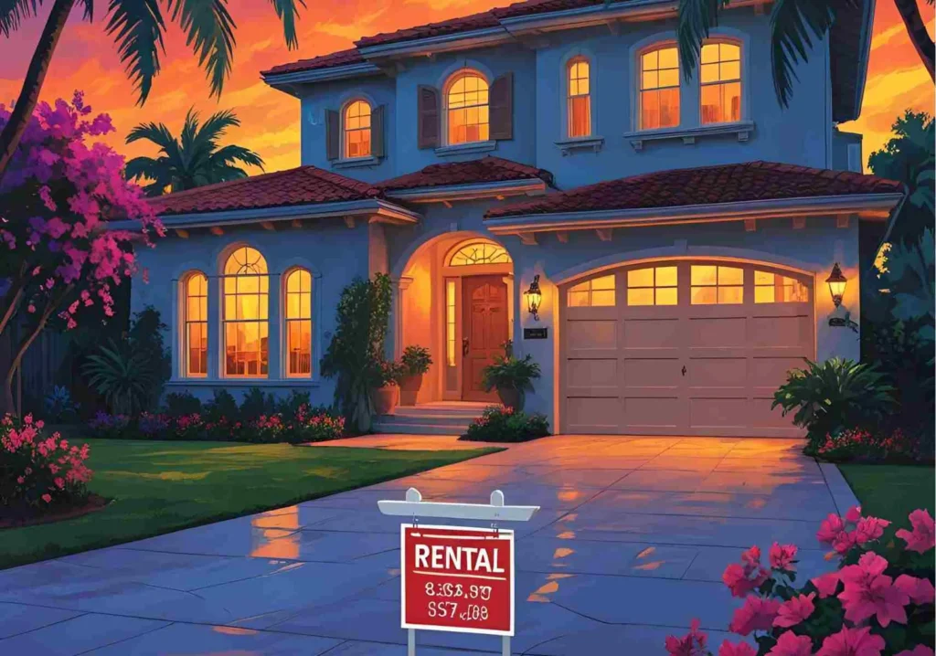 House with rental sign in front
