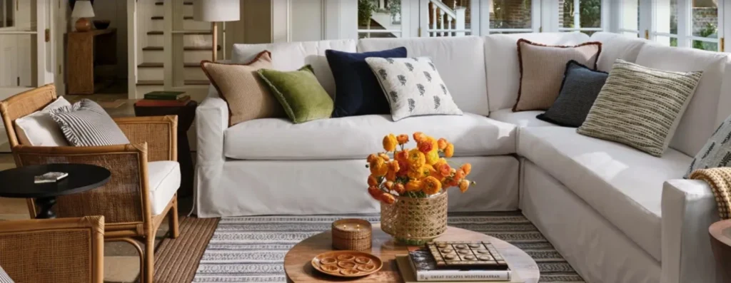 Living room with white sectional from Birch Lane