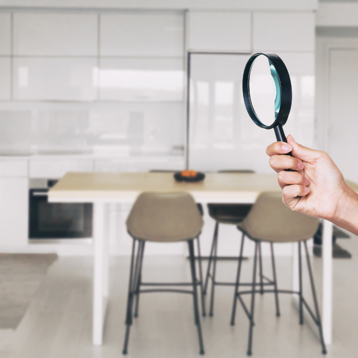 Magnifying glass inspecting a kitchen during a final walk-through