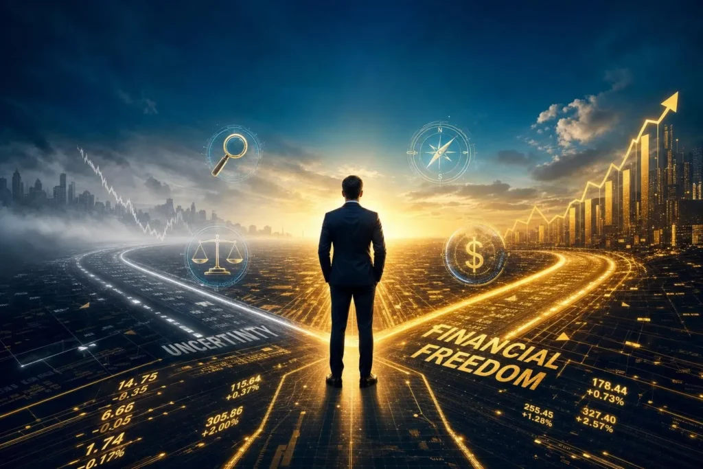 Man at a crossroads looking toward a path labeled financial freedom