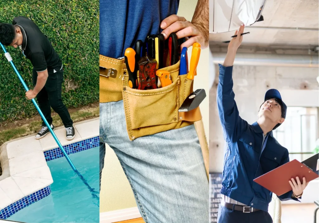Man cleaning pool, Repairman with toolbelt, HVAC Technician checking duct