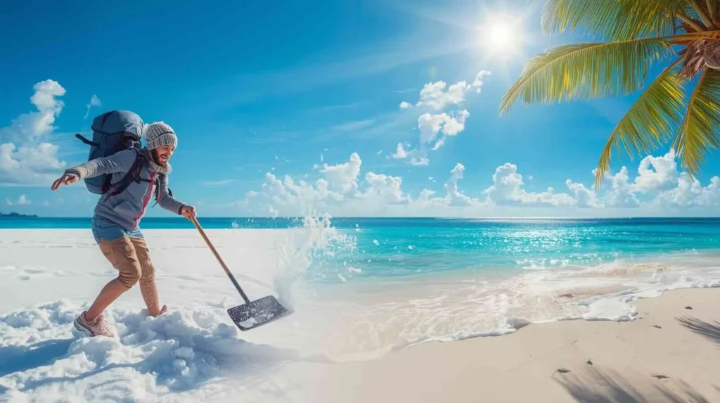 Man going from snow to sand