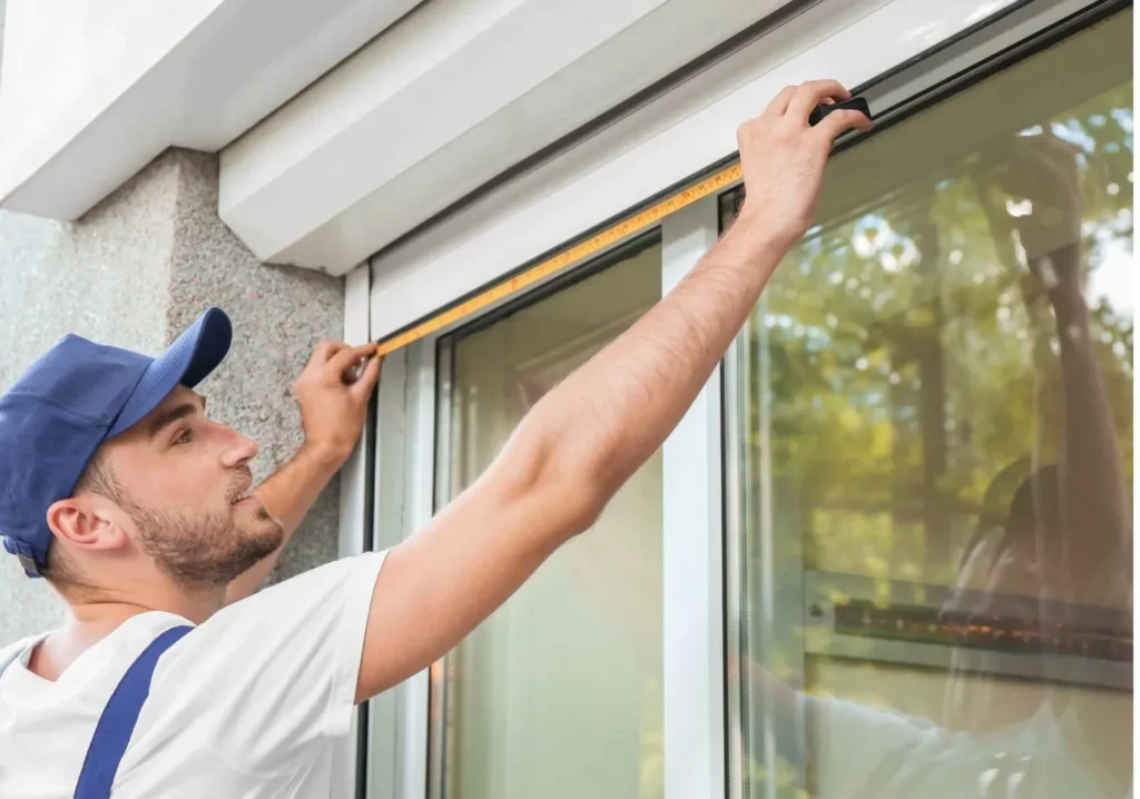 Man installing storm shutters on a window