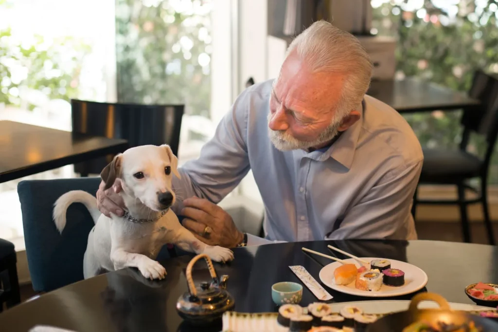 Man petting a dog at a pet-friendly restaurant table