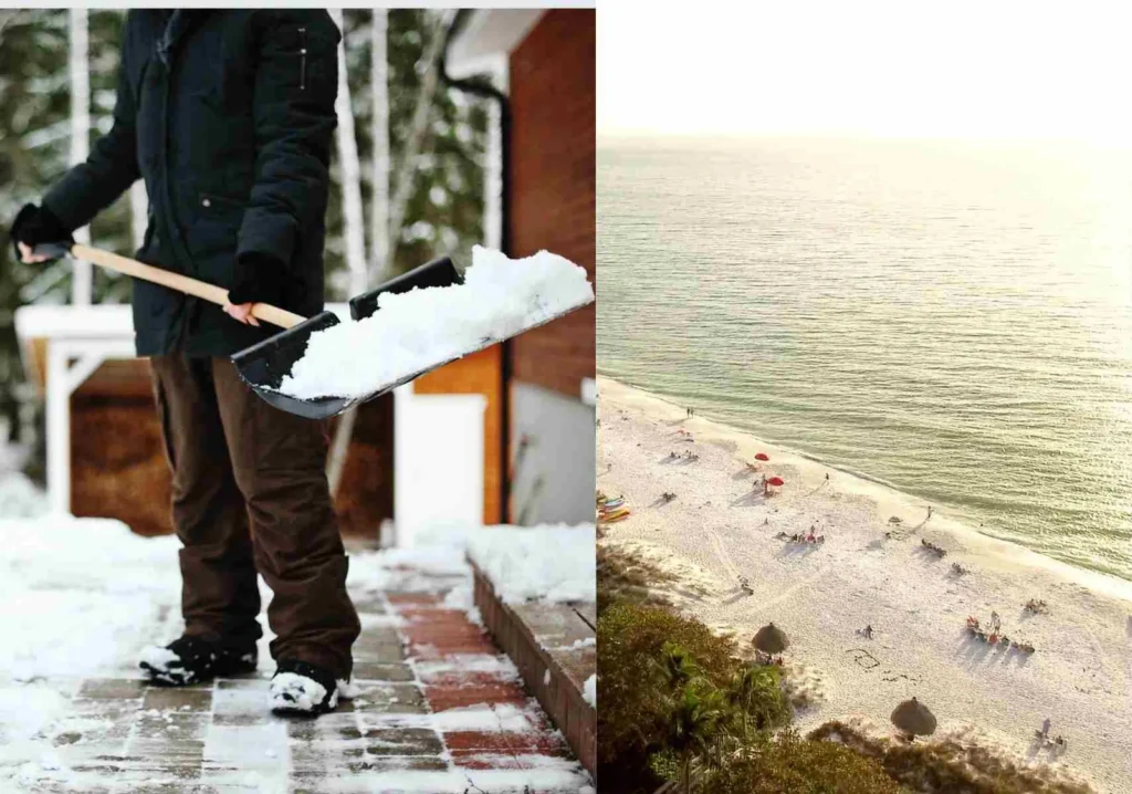Man Shoveling Snow photo compared to Florida Coastline photo