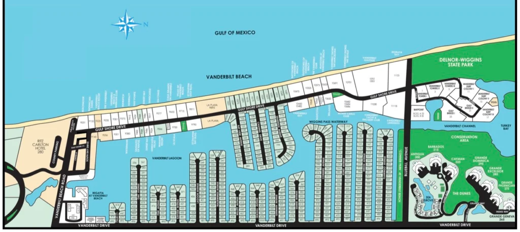 Map of Vanderbilt Beach streets and canals