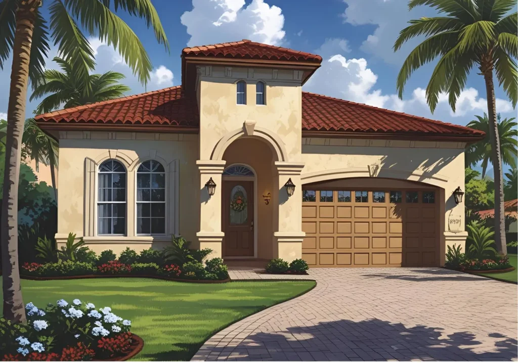 Mediterranean style Naples home with a tile roof and paver driveway