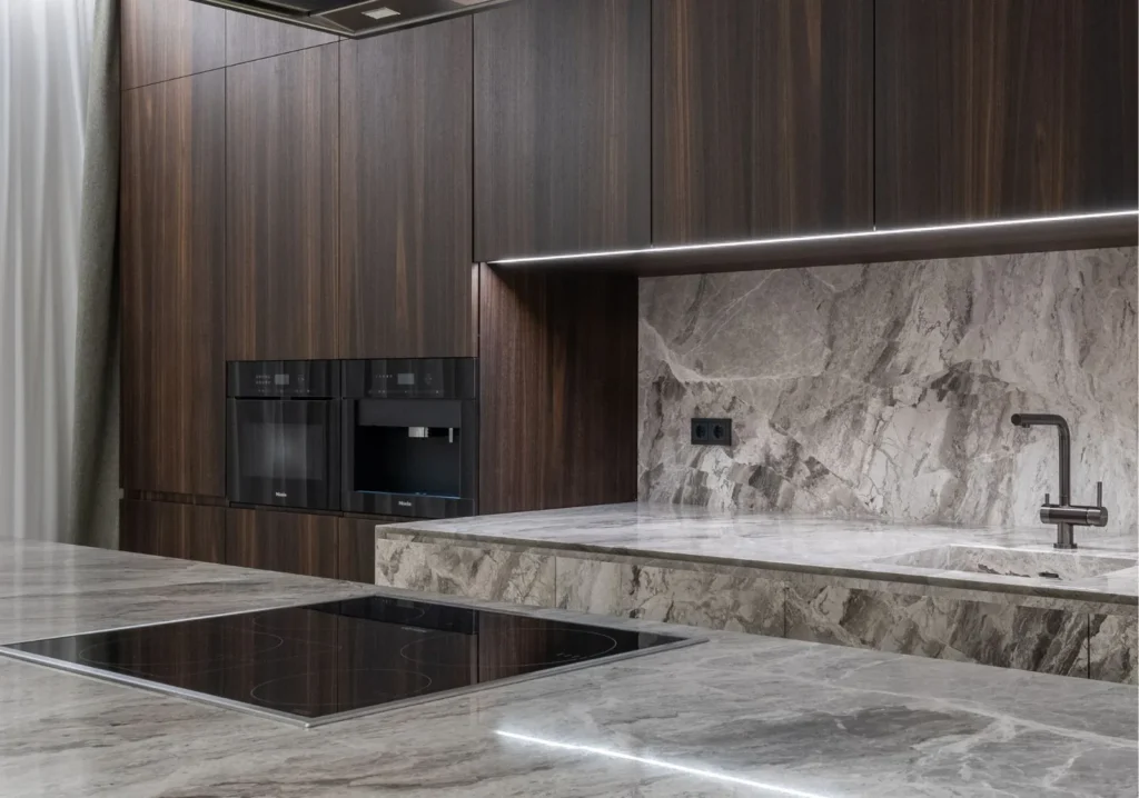 Medium dark wood cabinets
