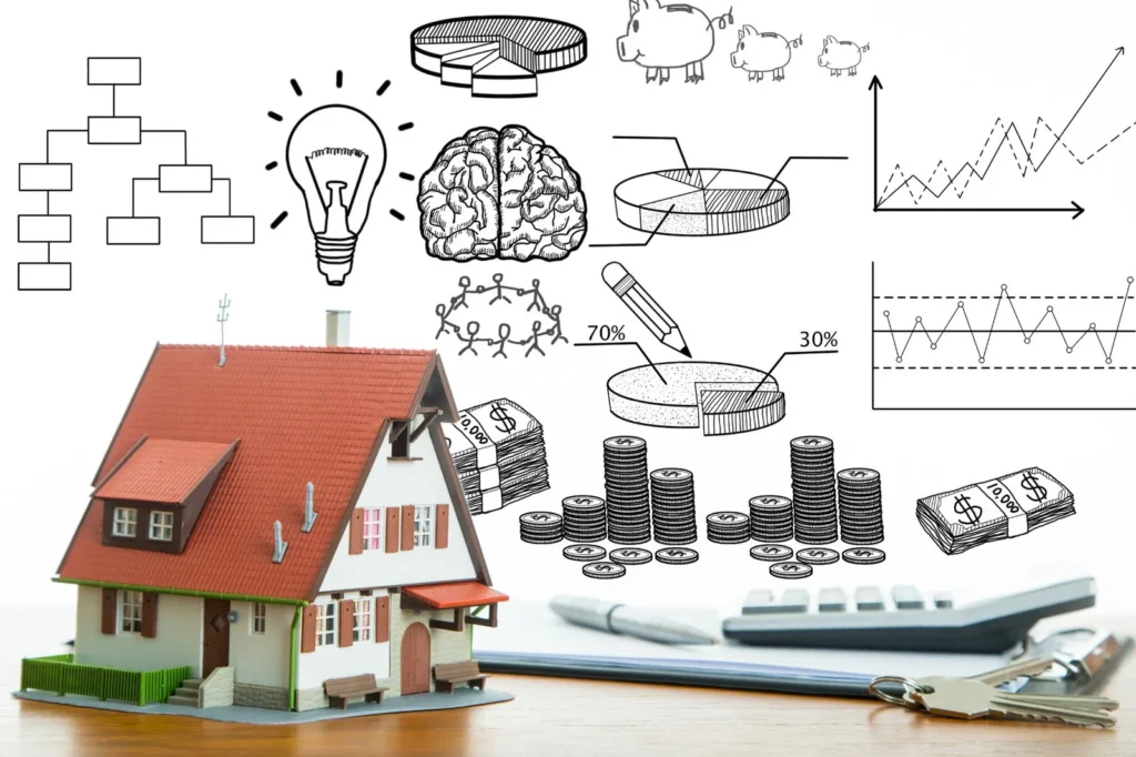Model house with budget charts and calculations