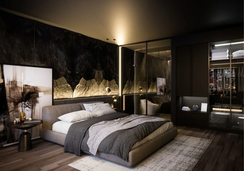 Modern furnished bedroom with dark accent wall