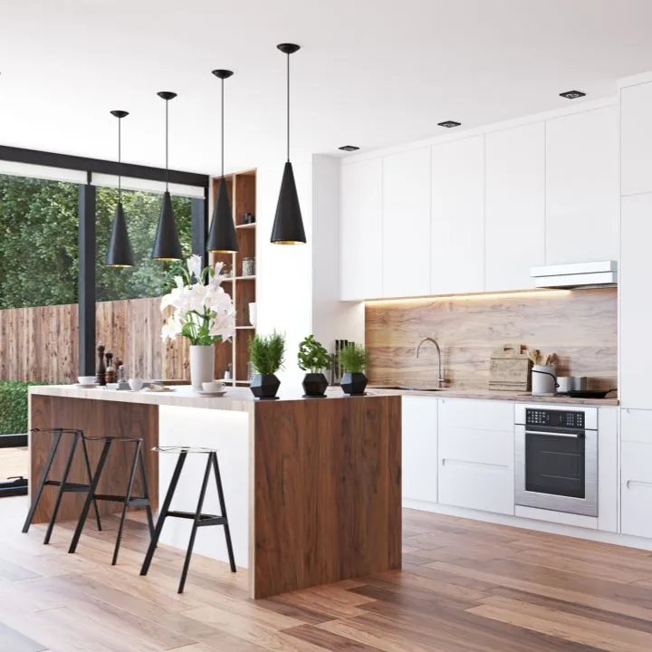 Modern kitchen with island and pendant lights