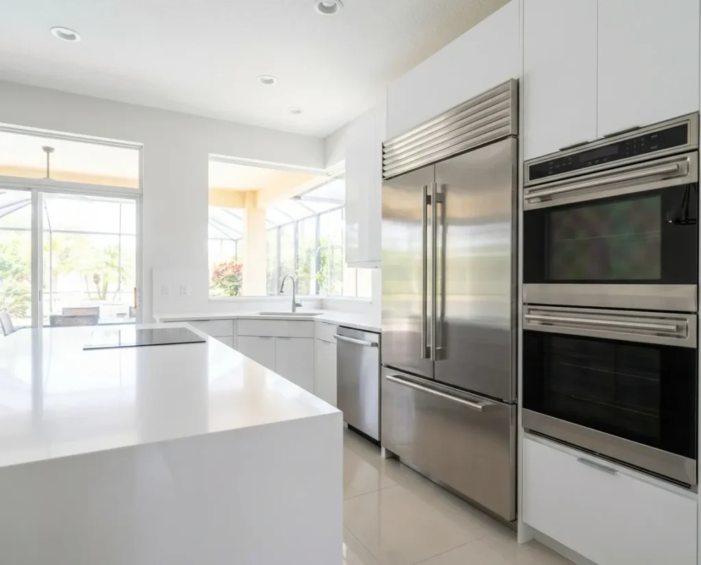 Modern white kitchen with built-in stainless steel appliances