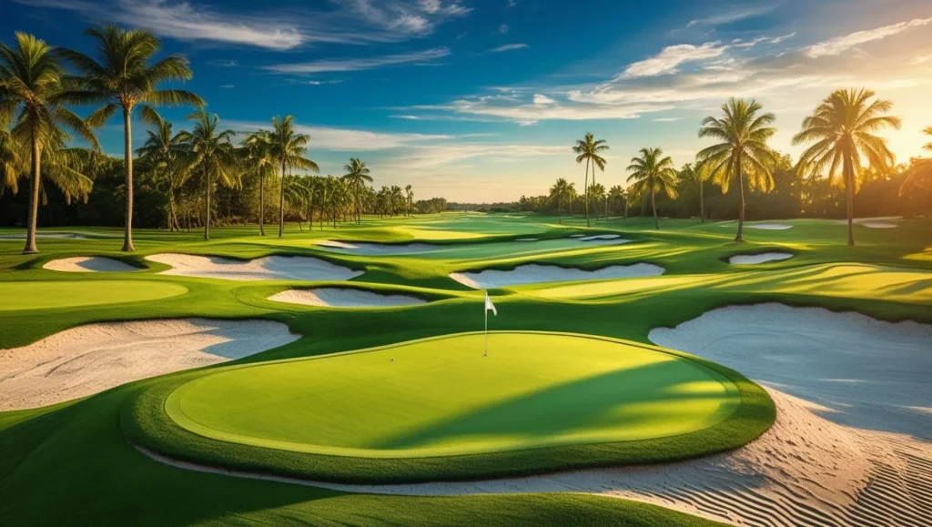 Naples golf course green and bunkers at sunset