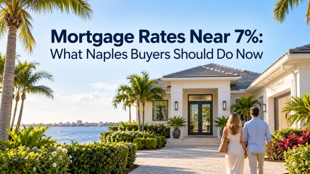 Naples homebuyers approaching a waterfront home as mortgage rates near 7 percent.