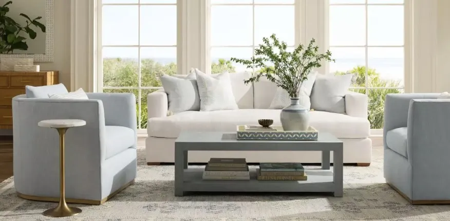 Neutral coastal contemporary living room at Serena & Lily