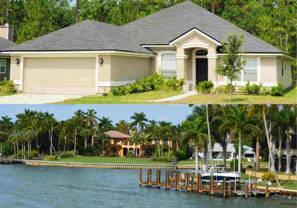 One home not on the water but in a flood zone; one home with a water dock.