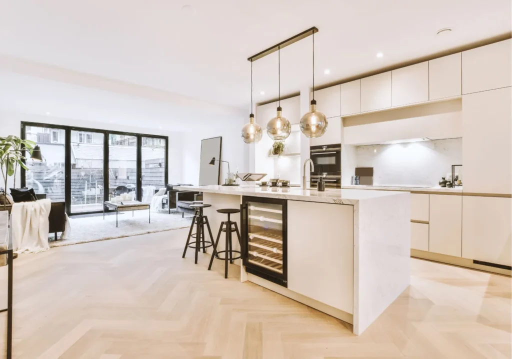 Open light coastal kitchen layout