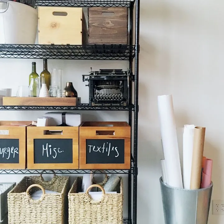 Organized shelves with labeled bins