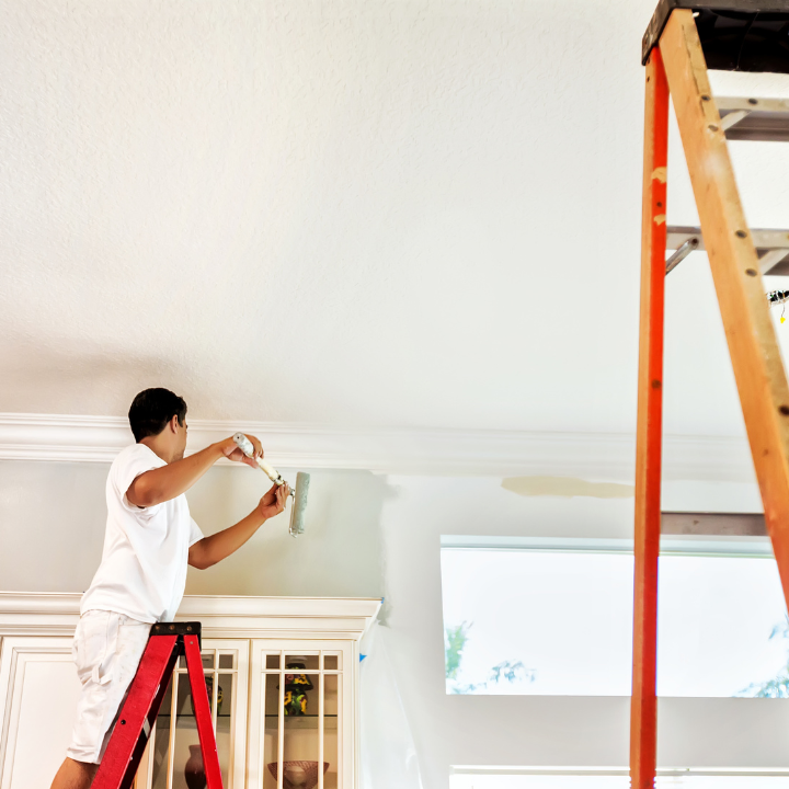 Painter painting walls in a house