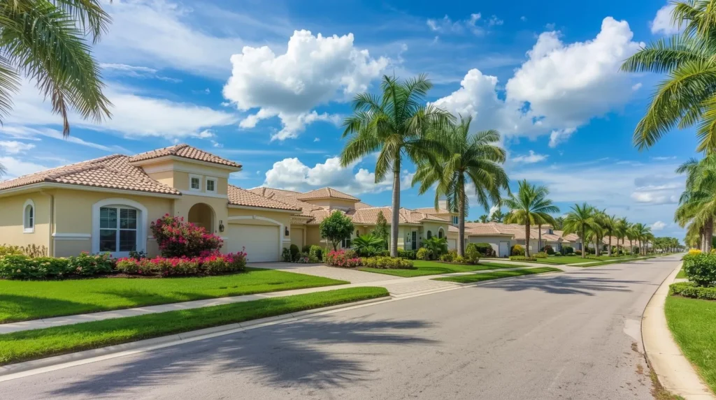 Palm-lined street of single-family homes in a Florida community