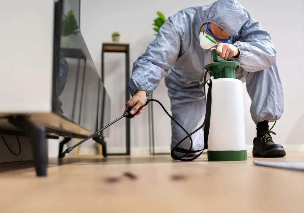 Pest control technician spraying a home's baseboards