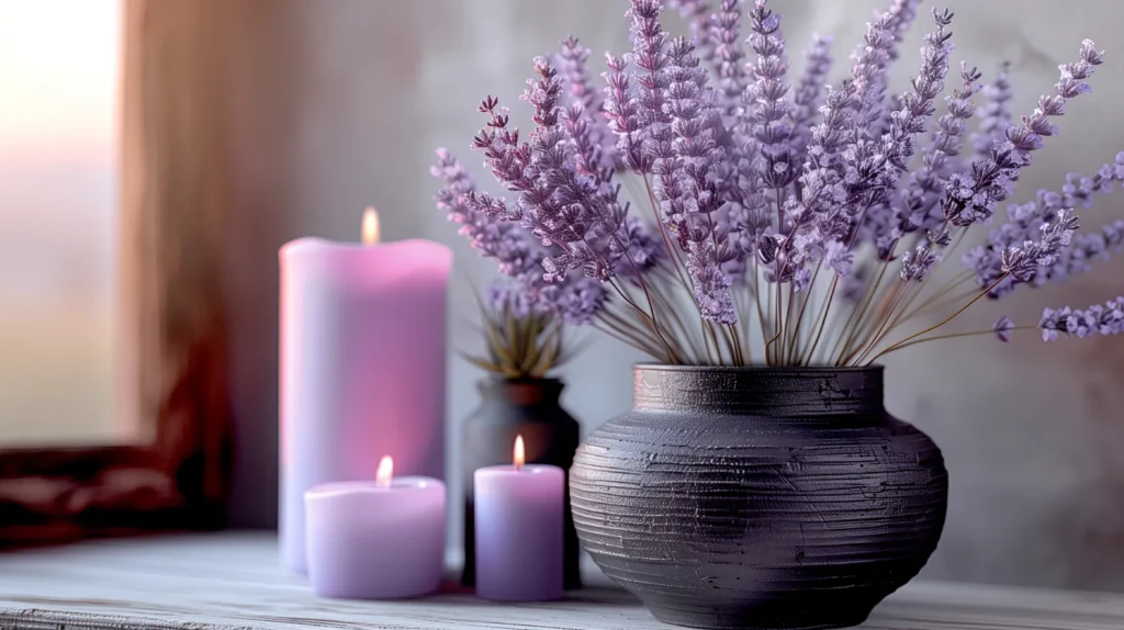 Purple tablescape with candles and flowers