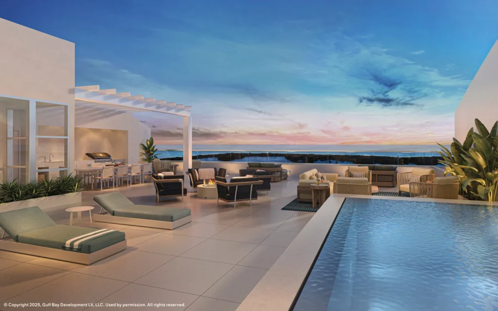Rendering of a terrace and pool overlooking the Gulf at Epique at Pelican Bay