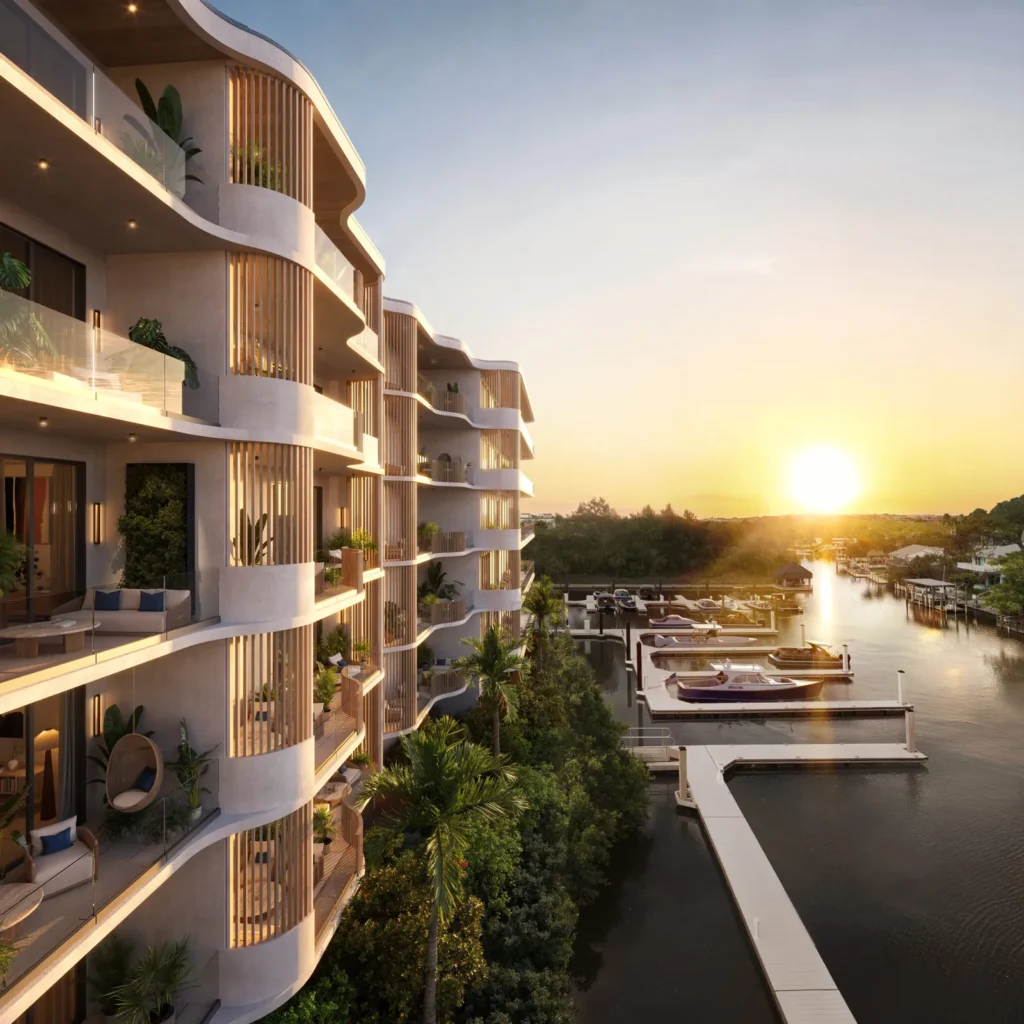 Rendering of Halcyon Residences towers and marina at sunset