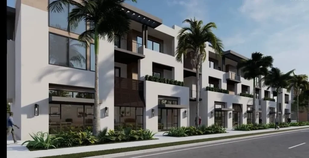 Rendering of modern townhomes along an Olde Naples street